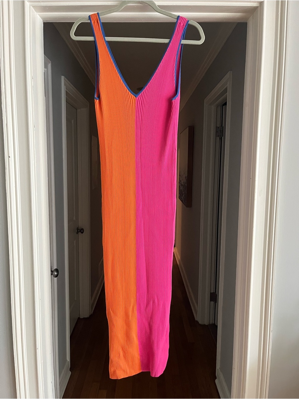 STAUD Two-Tone Ribbed Maxi Dress - Hot Pink & Bright Orange